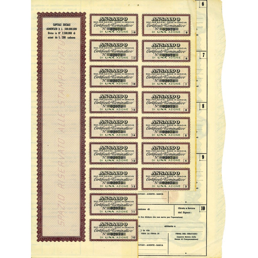 1943 - ANSALDO SOC. PER AZIONI 1 AZIONE - GENOVA