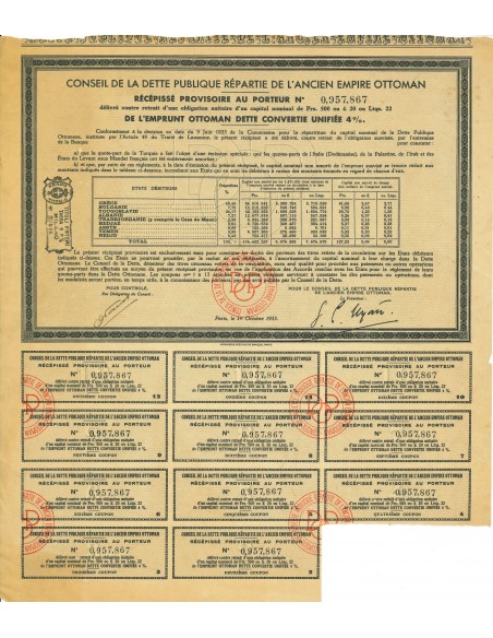 1933 - CONSEIL DE LA DETTE PUBLIQUE REPARTIE DE L'ANCIEN EMPIRE OTTOMAN UNIFIEE 4%