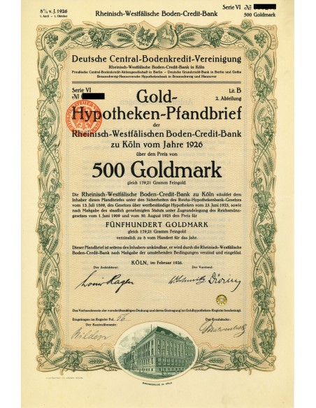LAW 1924 - GERMAN GOLD-HYPOTHEKEN-PFANDBRIEF 500 GOLDMARK (179,21 Gramm Feingold)