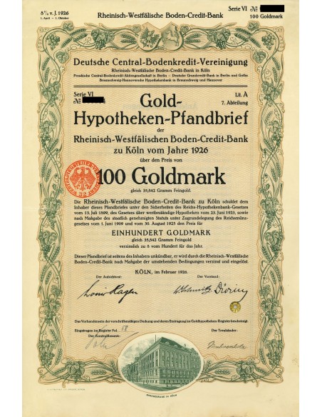 LAW 1924 - GERMAN GOLD-HYPOTHEKEN-PFANDBRIEF 100 GOLDMARK (35,842 Gramm Feingold)