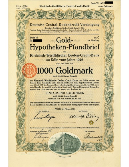 LAW 1924 - GERMAN GOLD-HYPOTHEKEN-PFANDBRIEF 1.000 GOLDMARK (358,42 Gramm Feingold)