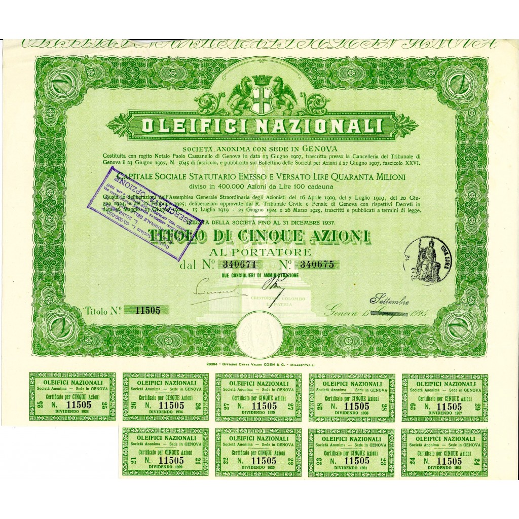 1925 - OLEIFICI NAZIONALI - 5 AZIONI - GENOVA