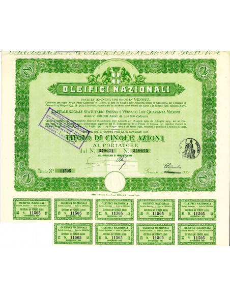 1925 - OLEIFICI NAZIONALI - 5 AZIONI - GENOVA