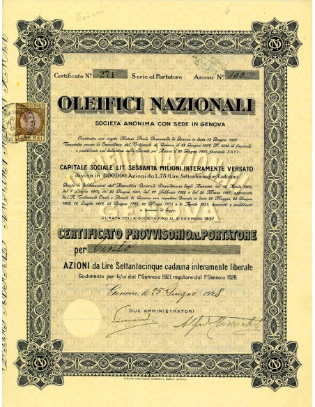 1928 - OLEIFICI NAZIONALI - CERT. PROVV. - GENOVA