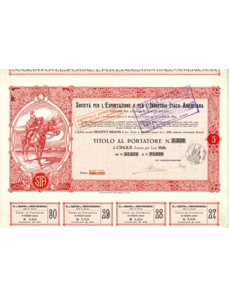 1926 - SOC. PER L'ESPORTAZIONE E PER L'INDUSTRIA ITALO-AMERICANA 5 AZIONI - MILANO
