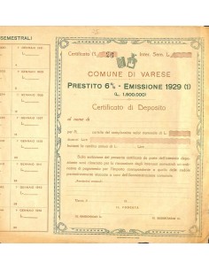 COMUNE DI VARESE - CERTIFICATO DI DEPOSITO 6% - 1929