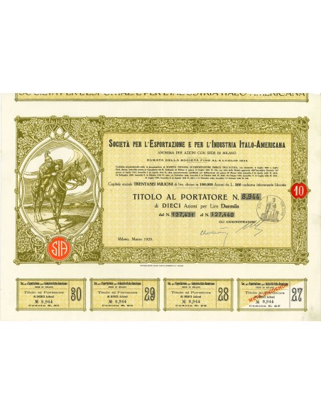 1929 - SOC. PER L'ESPORTAZIONE E PER L'INDUSTRIA ITALO-AMERICANA 10 AZIONI - MILANO
