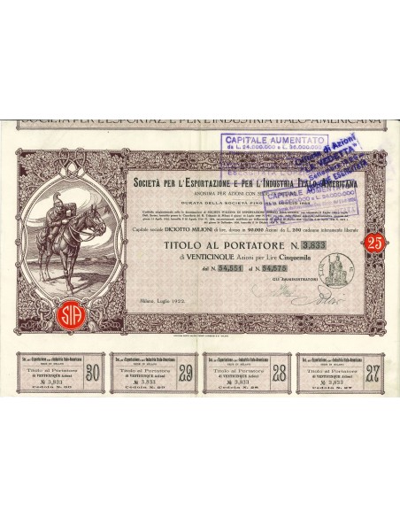 1922 - SOC. PER L'ESPORTAZIONE E PER L'INDUSTRIA ITALO-AMERICANA 25 AZIONI - MILANO