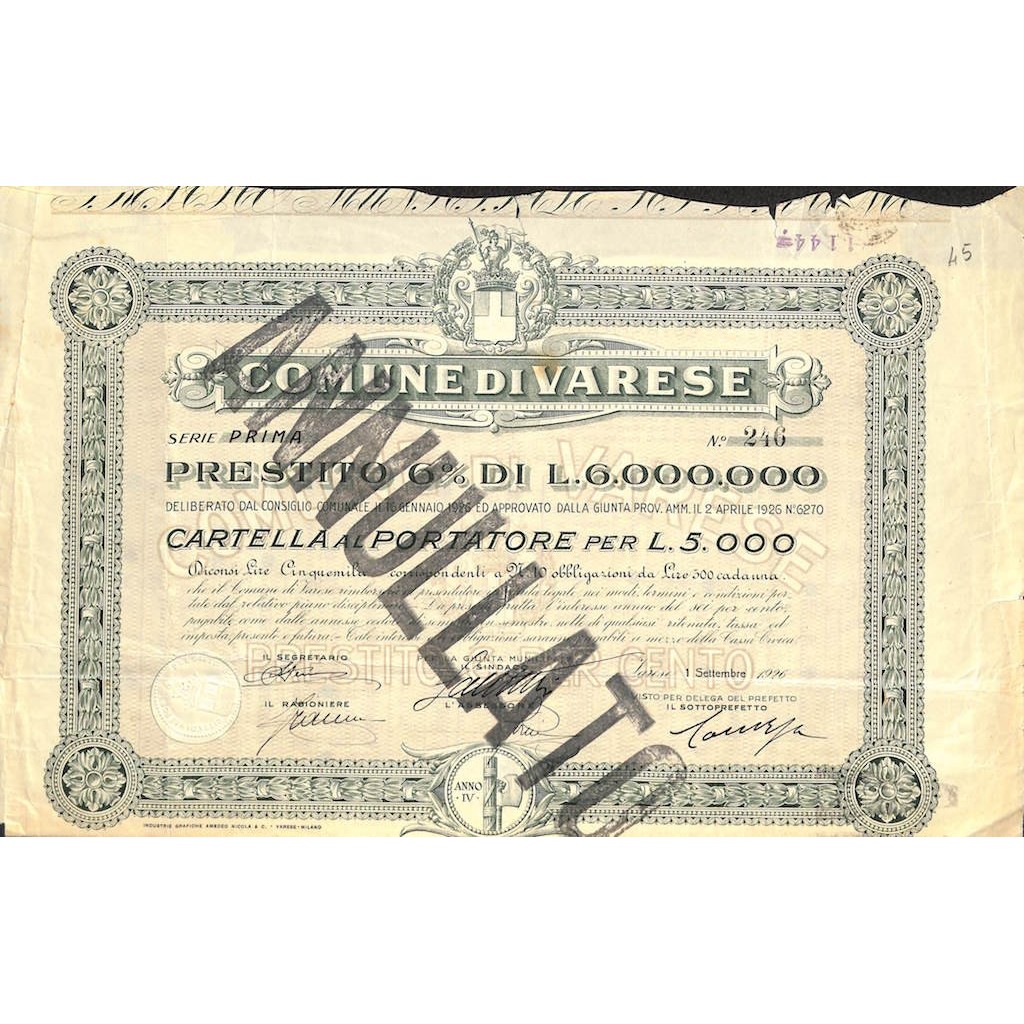 COMUNE DI VARESE - CARTELLA AL PORTATORE PER 5000 LIRE - 1926