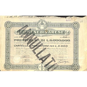 COMUNE DI VARESE - CARTELLA AL PORTATORE PER 5000 LIRE - 1926