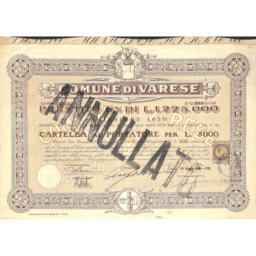 COMUNE DI VARESE - CARTELLA AL PORTATORE PER 5000 LIRE - 1930