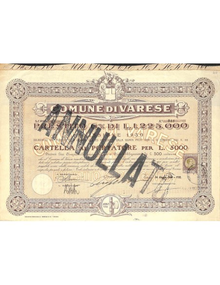 COMUNE DI VARESE - CARTELLA AL PORTATORE PER 5000 LIRE - 1930
