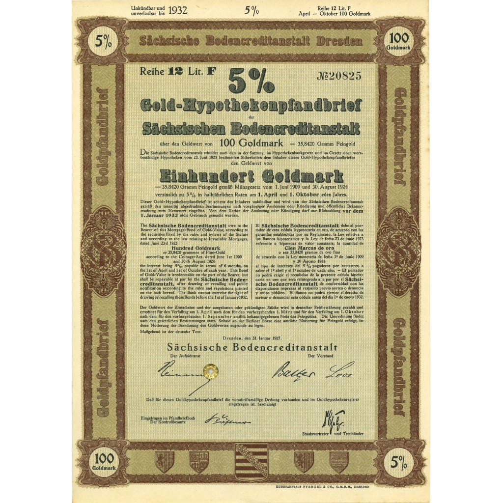 1924 - GERMAN BOND GOLD-HYPOTHEKENPFANDBRIEF 8%...