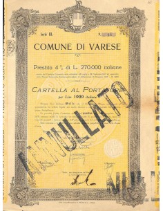 COMUNE DI VARESE - CARTELLA AL PORTATORE PER 1000 LIRE - 1918