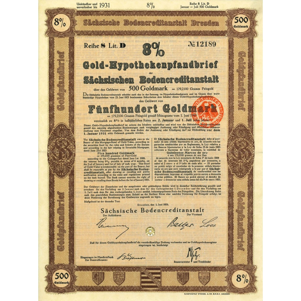 1924 - GERMAN BOND GOLD-HYPOTHEKENPFANDBRIEF 8%...