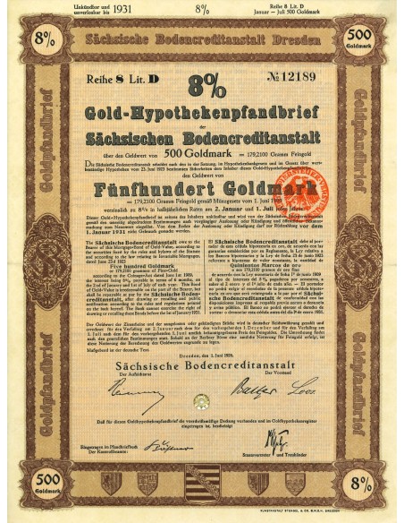 1924 - GERMAN BOND GOLD-HYPOTHEKENPFANDBRIEF 8% 179,21 GRAMM FEINGOLD. LAW AUGUST 30, 1924