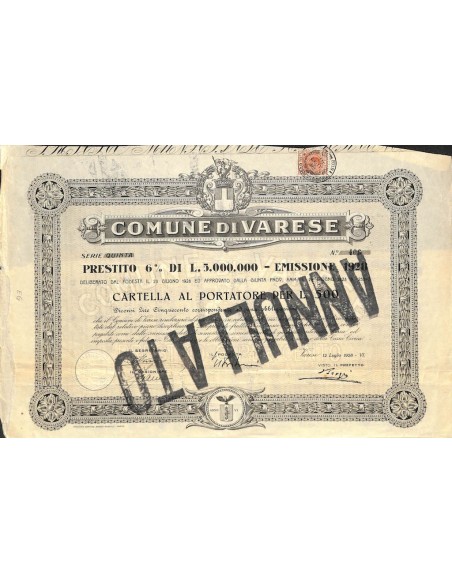 COMUNE DI VARESE - CARTELLA AL PORTATORE PER 500 LIRE - 1928