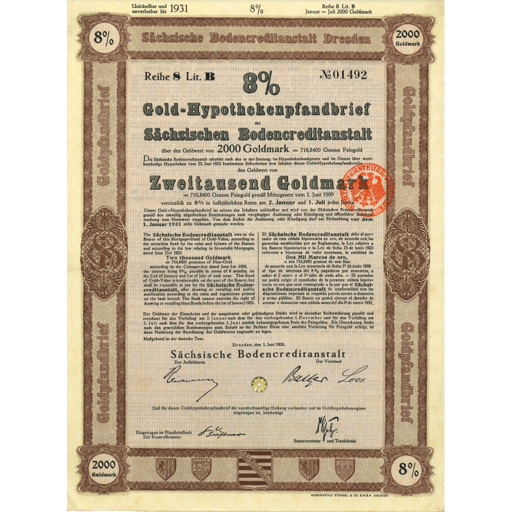 1924 - GERMAN BOND GOLD-HYPOTHEKENPFANDBRIEF