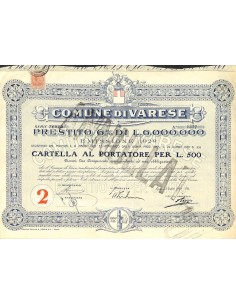 COMUNE DI VARESE - CARTELLA AL PORTATORE PER 500 LIRE 6%- 1929