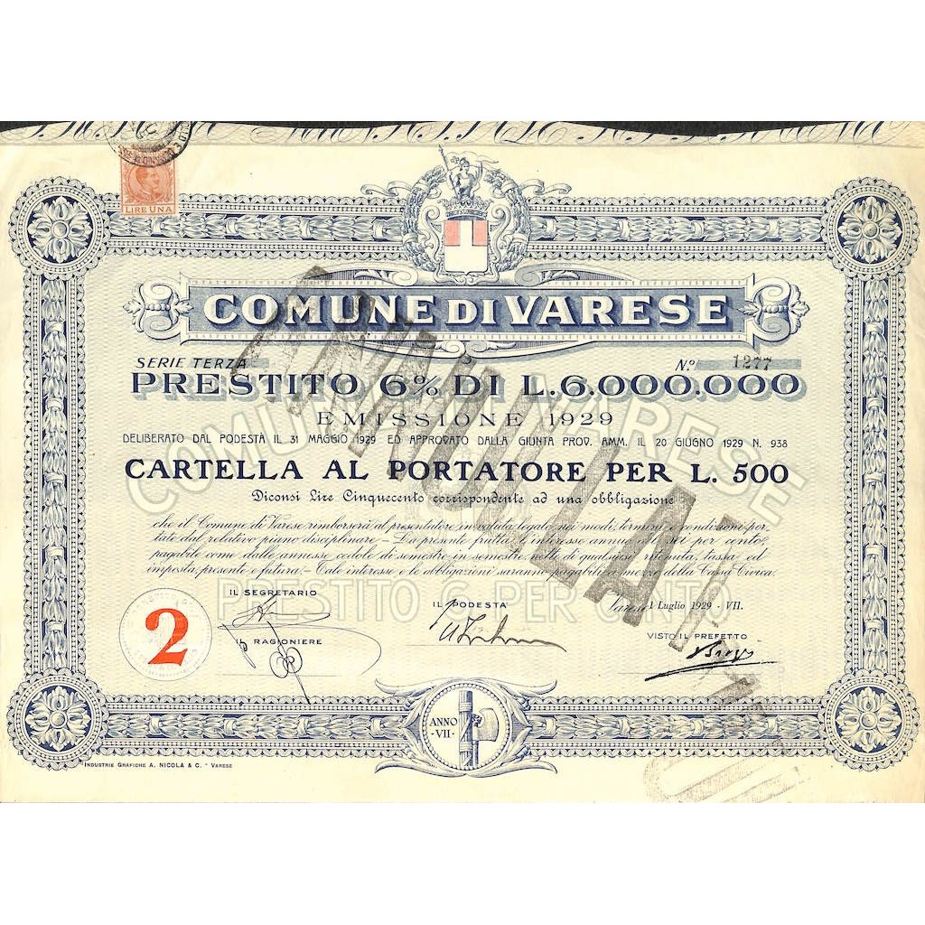 COMUNE DI VARESE - CARTELLA AL PORTATORE PER 500 LIRE 6%- 1929