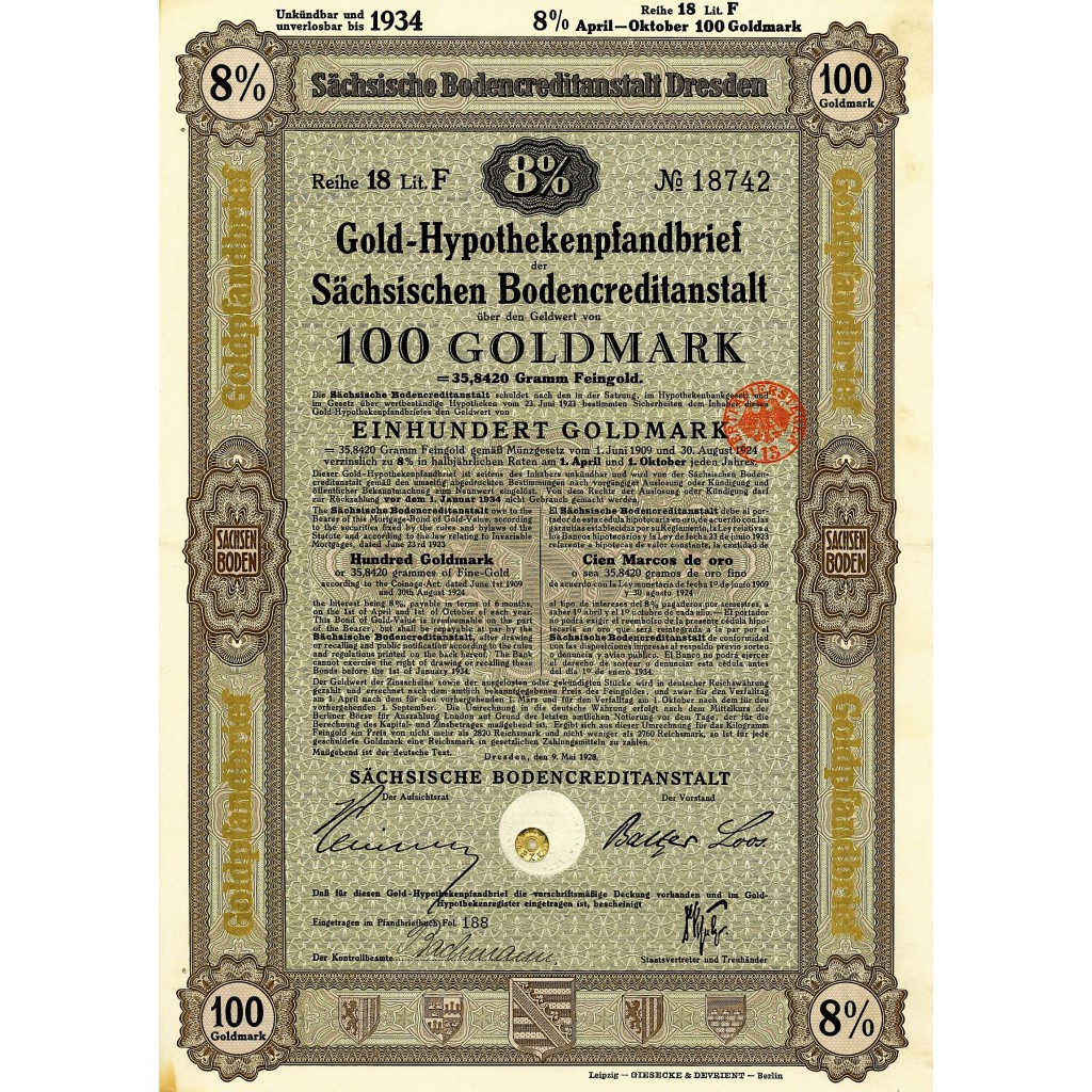 1924 - GERMAN BOND GOLD-HYPOTHEKENPFANDBRIEF 8%...