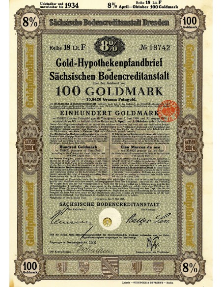 1924 - GERMAN BOND GOLD-HYPOTHEKENPFANDBRIEF 8% 35,8420 GRAMM FEINGOLD. LAW AUGUST 30, 1924
