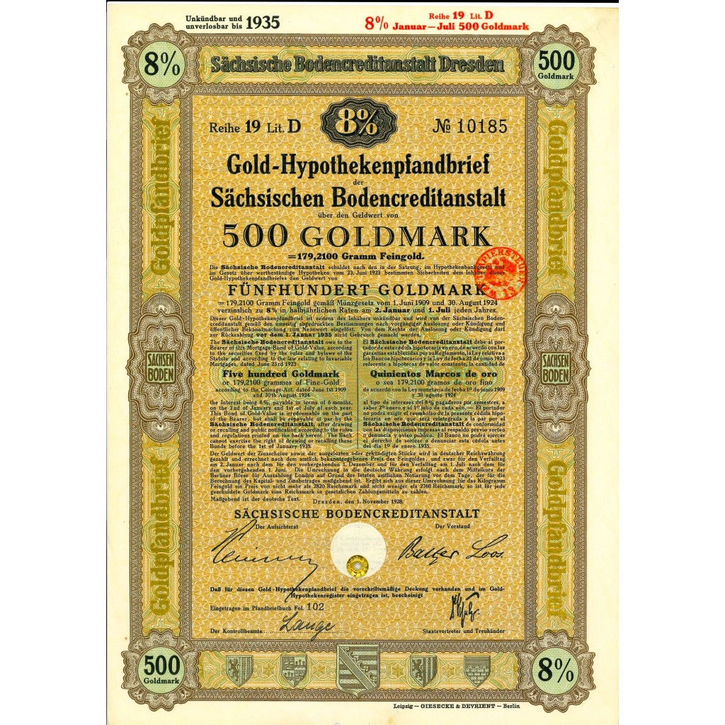 1924 - GERMAN BOND GOLD-HYPOTHEKENPFANDBRIEF 8%...