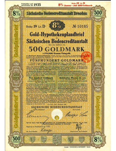 1924 - GERMAN BOND GOLD-HYPOTHEKENPFANDBRIEF 8% 179,21 GRAMM FEINGOLD. LAW AUGUST 30, 1924