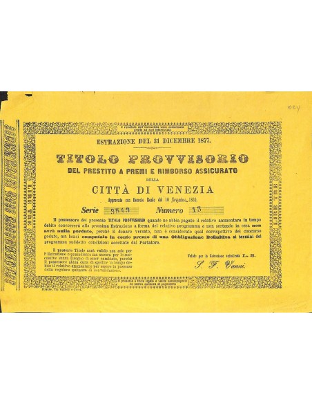 CITTA' DI VENEZIA - TITOLO PROVVISORIO PRESTITO A PREMI - 1877
