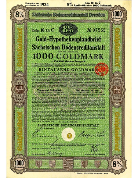 1924 - GERMAN BOND GOLD-HYPOTHEKENPFANDBRIEF 8% 358,42 GRAMM FEINGOLD. LAW AUGUST 30, 1924