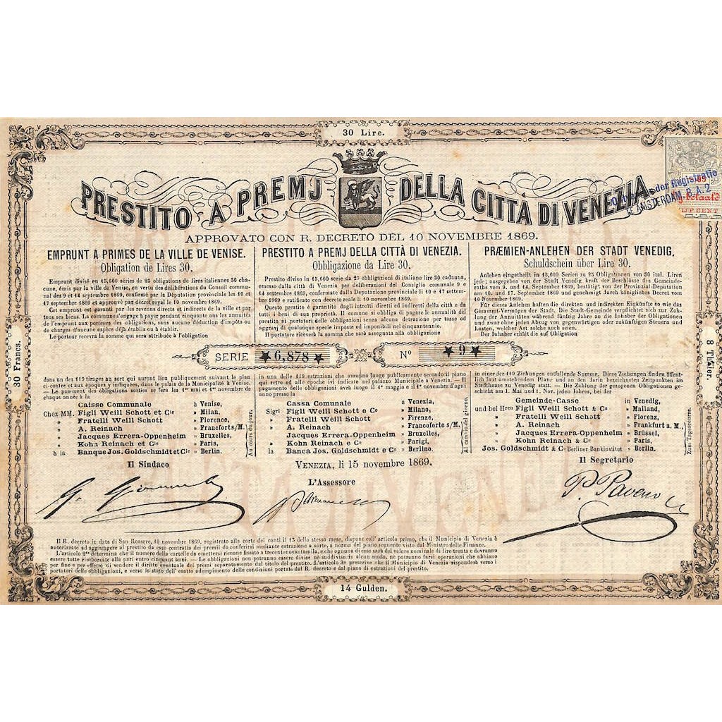 PRESTITO A PREMJ CITTA' DI VENEZIA - 1 OBBLIGAZIONE 1869