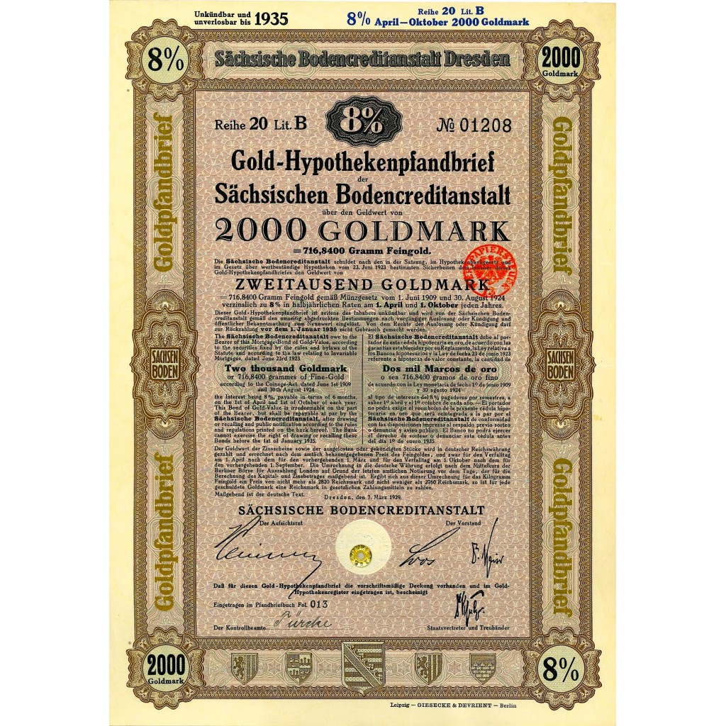1924 - GERMAN BOND GOLD-HYPOTHEKENPFANDBRIEF 8%...