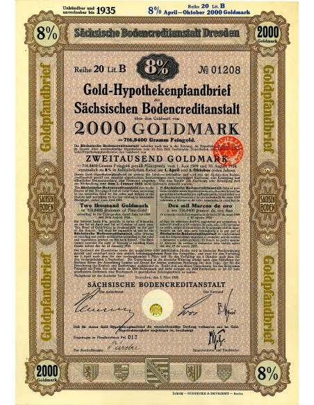 1924 - GERMAN BOND GOLD-HYPOTHEKENPFANDBRIEF 8% 716,84 GRAMM FEINGOLD. LAW AUGUST 30, 1924