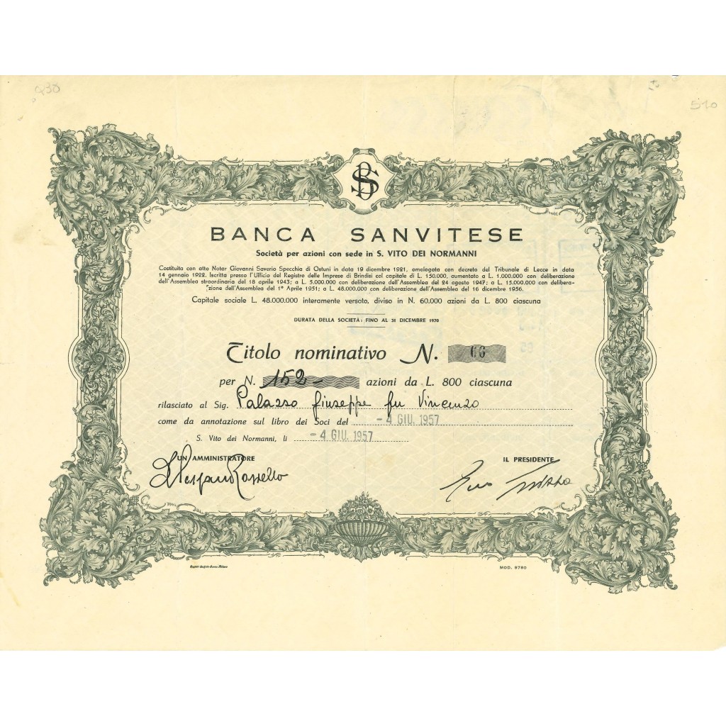 1957 - BANCA SANVITESE - AZIONI S. VITO DEI NORMANNI