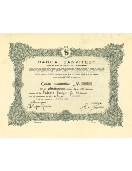 1957 - BANCA SANVITESE - AZIONI S. VITO DEI NORMANNI