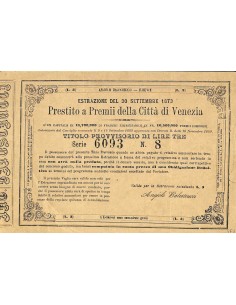 PRESTITO A PREMII DELLA CITTA' DI VENEZIA - TITOLO PROVV. TRE LIRE 1873