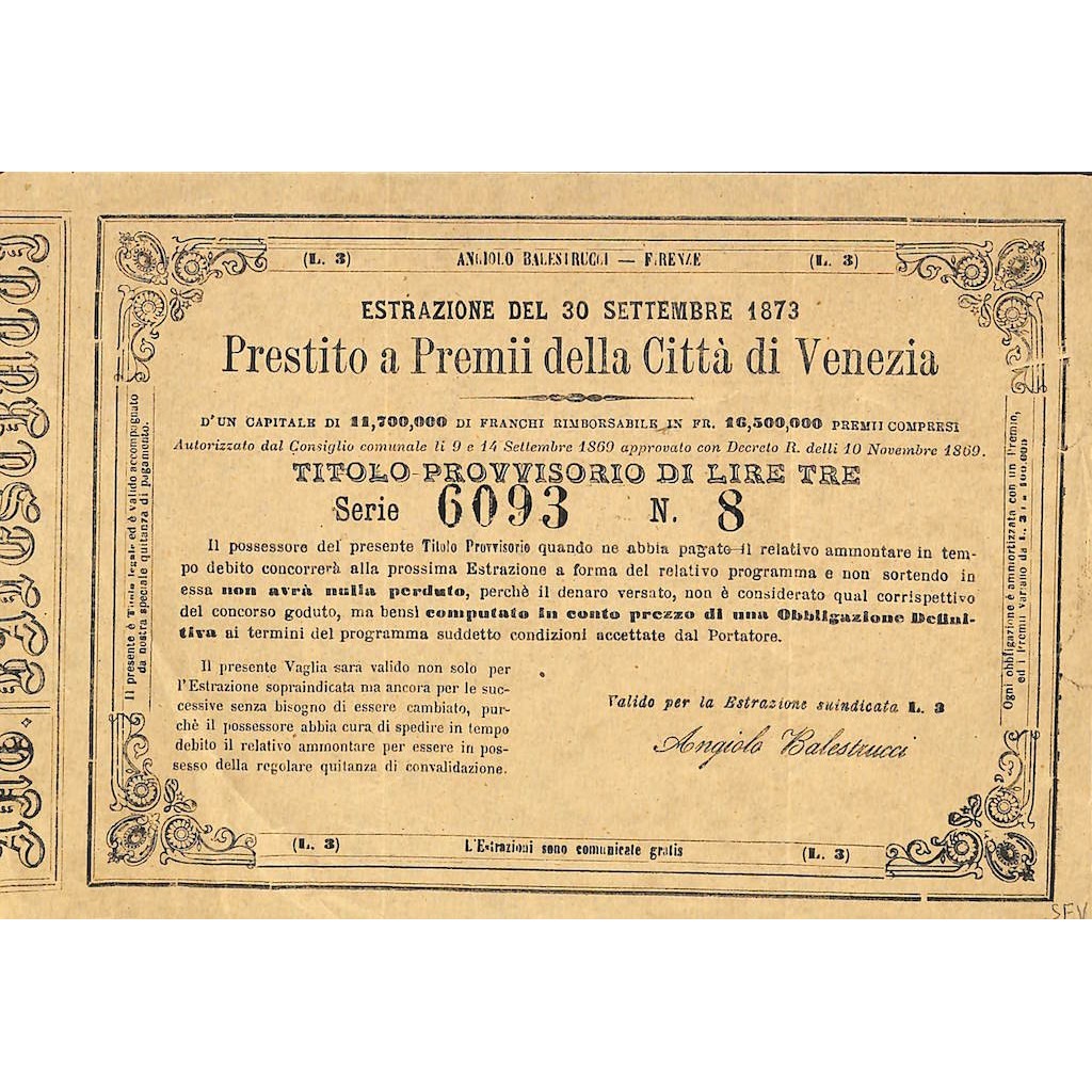 PRESTITO A PREMII DELLA CITTA' DI VENEZIA - TITOLO PROVV. TRE LIRE 1873
