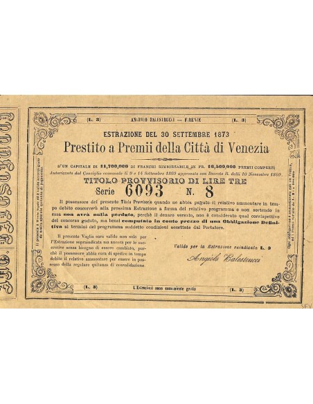 PRESTITO A PREMII DELLA CITTA' DI VENEZIA - TITOLO PROVV. TRE LIRE 1873