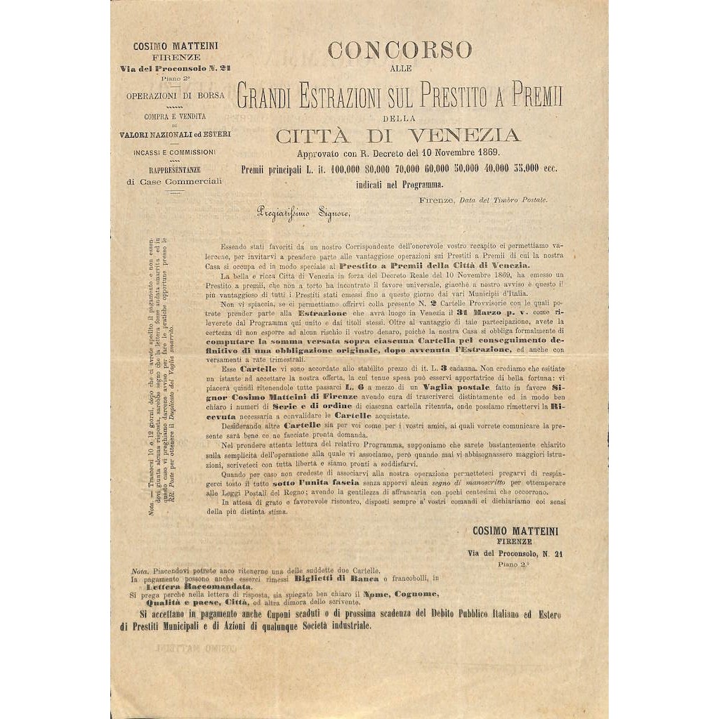 VOLANTINO PRESTITO A PREMII DELLA CITTA' DI VENEZIA - 1869