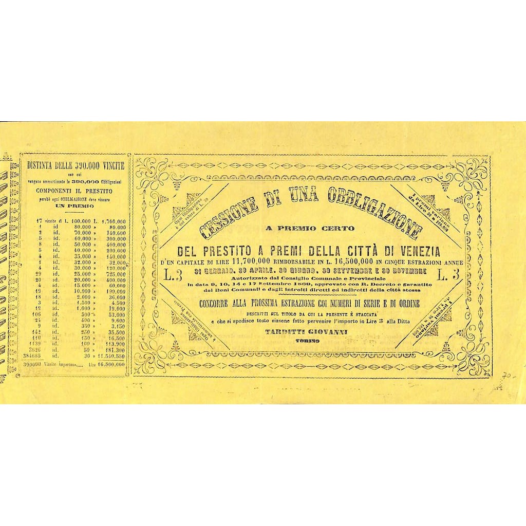 PRESTITO A PREMI DI VENEZIA - CESSIONE DI 1 OBBLIGAZIONE 1869