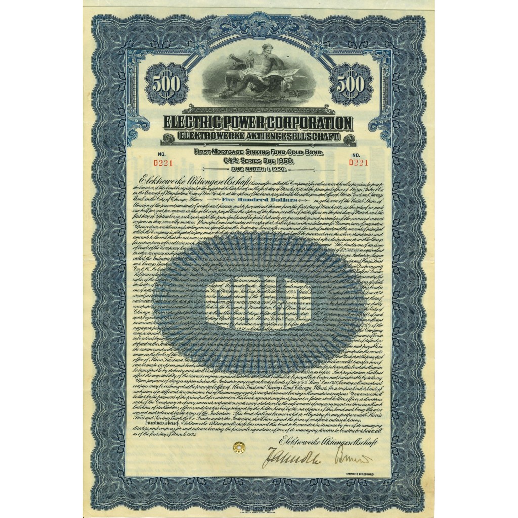 1925 - ELECTRIC POWER CORPORATION BOND 500$