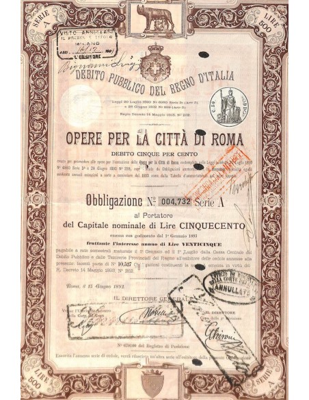 D. PUBBLICO REGNO D'ITALIA - OPERE PER LA CITTA' DI ROMA 1 OBB. 1893