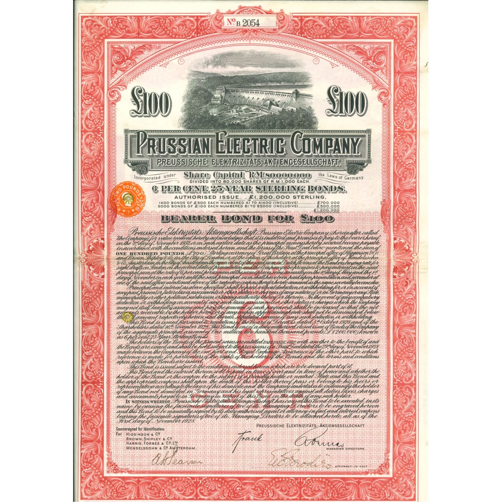 1928 - PRUSSIAN ELECTRIC COMPANY BOND £ 100