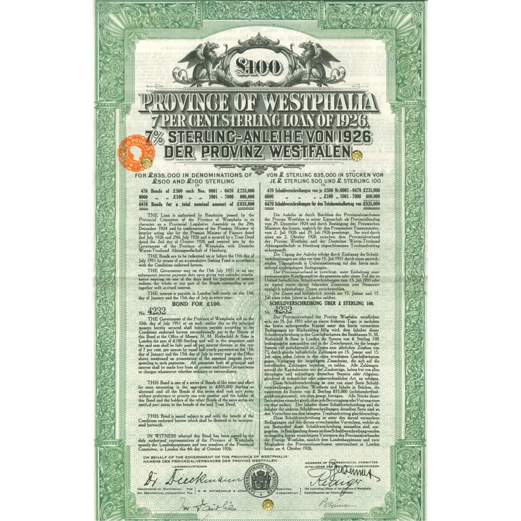 1926 - PROVINCE OF WESTPHALIA 7% STERLING LOAN...