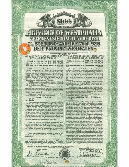 1926 - PROVINCE OF WESTPHALIA 7% STERLING LOAN £ 100