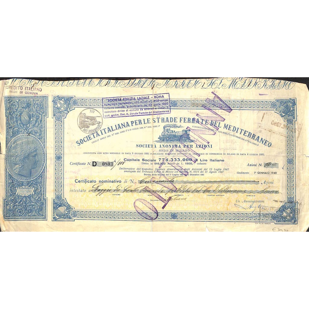 SOC. ITALIANA PER LE STRADE FERRARE DEL MEDITERRANEO 50 AZIONI 1948