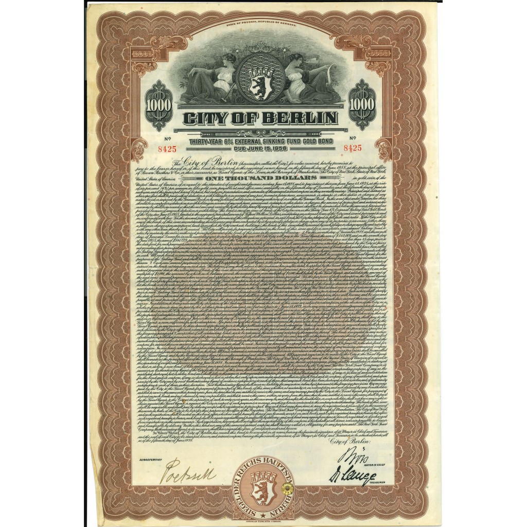 1928 - CITY OF BERLIN 6% EXTERNAL SINKING FUND