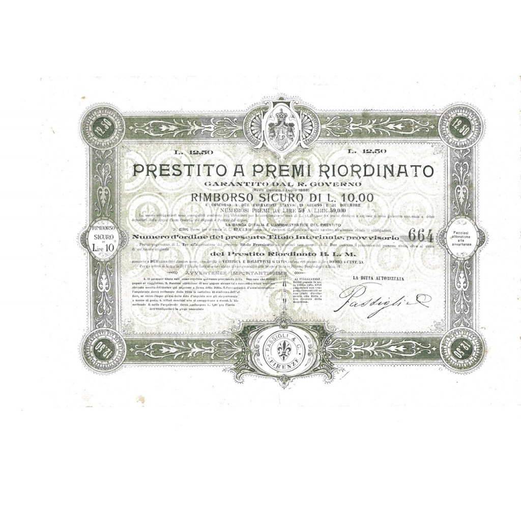 PRESTITO A PREMI RIORDINATO - TITOLO LIRE 12,50 - 1888