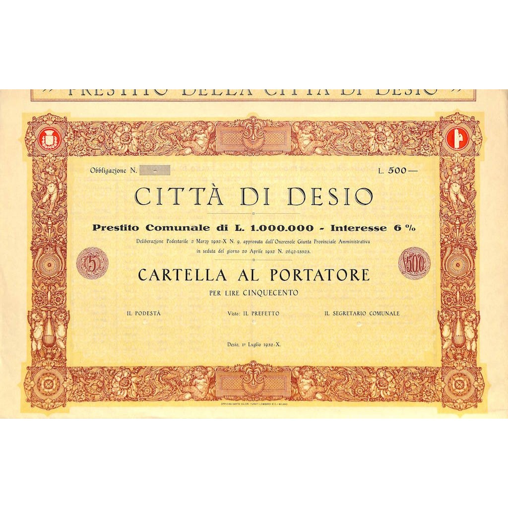 CITTA' DI DESIO - UNA CARTELLA AL PORTATORE 1932