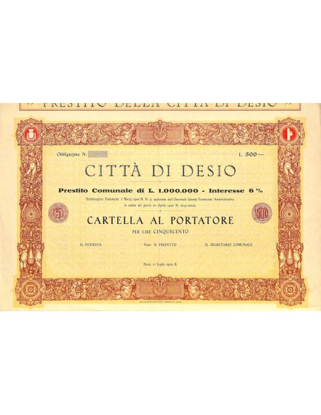 CITTA' DI DESIO - UNA CARTELLA AL PORTATORE 1932